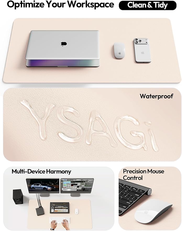 YSAGi Leather Desk Protector, Office Mat, Large Mouse Mat, Non-Slip PU Leather Blotter, Laptop Pad, Waterproof Writing Pad for Office and Home (Cream, 47" x 17")