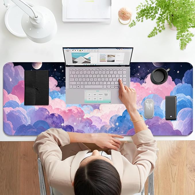 Dreamy and Pretty Pastel Clouds XL Large Desk Mat, Extended Long Desk Pad for Gaming and Office, Non-Slip Rubber Base, Comfortable Surface Mouse Pad, 31.5x11.8 in (H09)