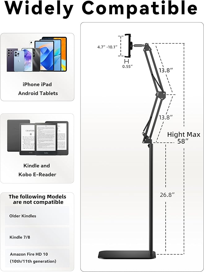 Floor Stand Kindle Holder with Remote Page Turner for Reading in Bed, Tablet Mount with Clicker, Kindle Accessories Tablet Stand Holder for Kindles Tablets iPhones 4.7-12.9 inch(Black)