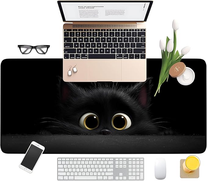 Cat-Inspired Extended Gaming Mouse Pad 35.4 x 15.7 Inch – Large Desk Mat for Gaming, Office Work, and Study, with Non-Slip Rubber Base, Smooth Cloth Surface, and Stitched Edges