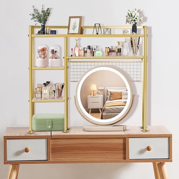 Desk Shelf,37.5" Desk Shelves and Desk Organizer Shelf,4 Tier Riser Storage Rack,Modern Desk Hutch for Home Office Dorm,Iron and Wood, Gold