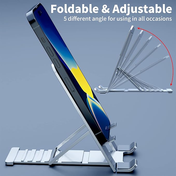 Cell Phone Stand for iPhone 17 Pro Max 16 15 14 13 for Samsung S25 S24 A17 A16 Galaxy Flip Pixel 10 Aluminum Adjustable Cradle Holder Tablet Kickstand for iPad Mini Air Desk Home Office, Silver