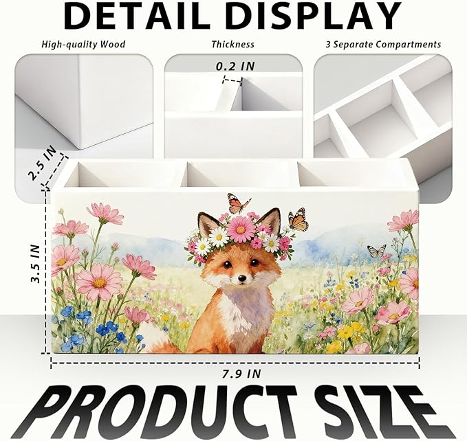 Fox Pen Pencil Holder for Desk Accessories, Fox Gifts for Women, Animal Lovers Gifts, Rustic Butterfly Flower Wild Animal Wooden Box Sign Decorations for Kids Room Home Office Desk Tabletop