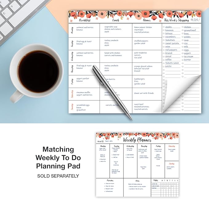 Global Printed Products 8.5" x 11" Horizontal Meal Planning Pad, 60-Sheets, Peach & Pink Floral