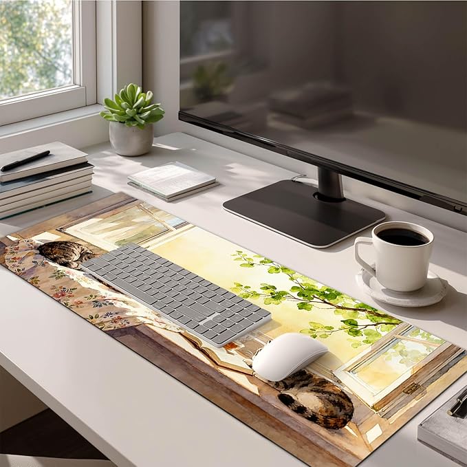 Cat XL Mouse Pad 31.5 x 11.8 Inch Gaming Mousepad Diatomite Large Keyboard Mouse Pad for Home and Office Desk Accessories with Peaceful Sunlit Window Cats Illustration