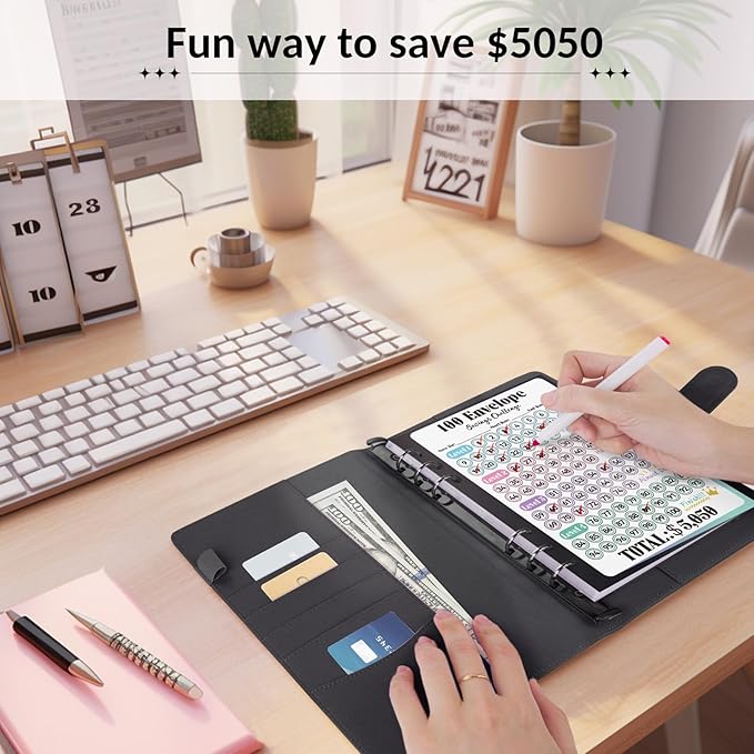 Sooez 100 Envelope Money Saving Challenge Book with 100 Pocket Pre-Numbered & Reusable Laminated Tracker, Money Saving Binder 100 Pocket Pre-Numbered,Money Book, Cool Christmas Gifts