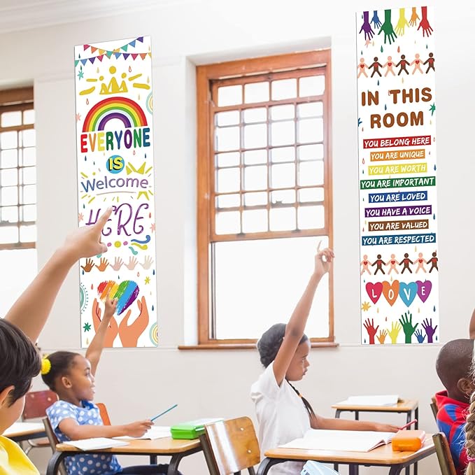2 Pcs Classroom Welcome Sign Rainbow Classroom Decoration Everyone Is Welcome Banner for Door Bulletin Board Kindergarten Pre School Elementary & Middle High School Wall Sign, 11.8 x 47.2 Inch
