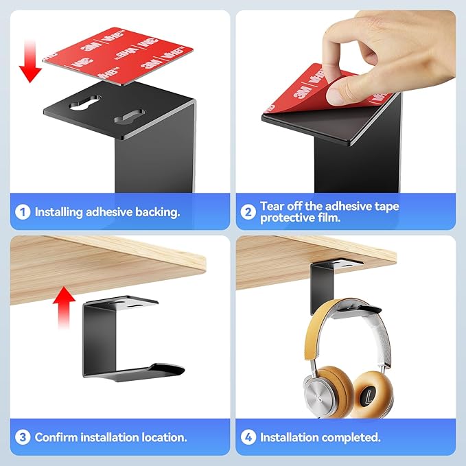 Headphone Stand Hanger,Headset Holder Mount,Hook with Strong Adhesive Tape for Headphones (H02-Black-1PCS)
