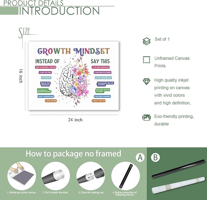 uoyien Classroom Growth Mindset Positive Affirmations Quotes Kids Mental Health Posters Brain Psychology Special Education Calm Corner Wall Art Office Therapy Canvas Wall Decor Prints 16x24in Unframed