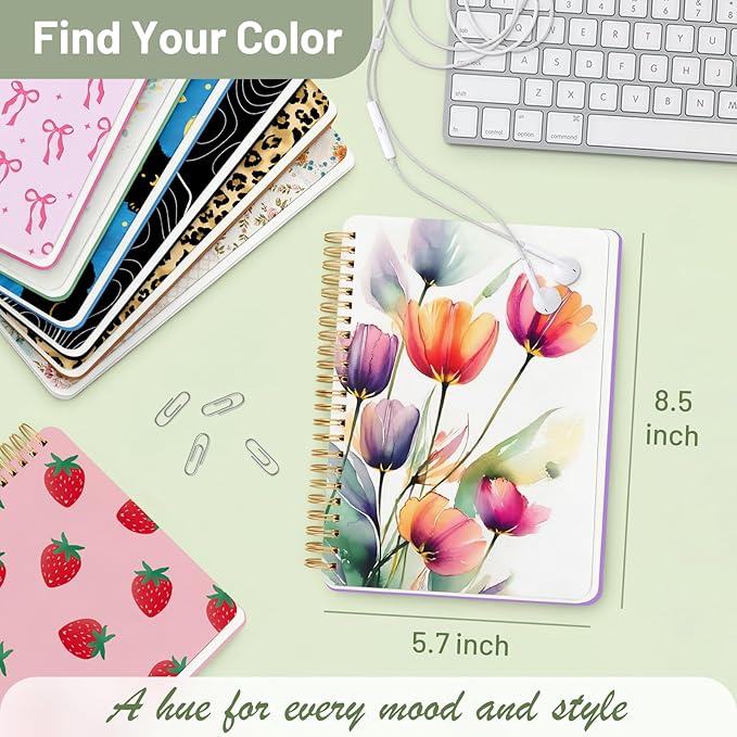 Stanoha Cute Spiral Notebook A5 Journal for Women Girls Kawaii Aesthetic Pretty Floral Design with Pocket, 8.5 x 5.7 inch, Line, Watercolor Flower