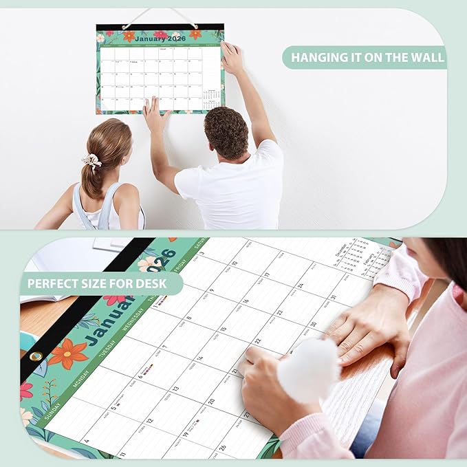 2026 Desk Calendar, Monthly Desk Pad Calendar, Jan 2026 - Jun 2027, Large Size 17"x12" Table Planner with Protect Paper, Stickers, Office Supplies and Desk Accessories for Women (Flower-E)