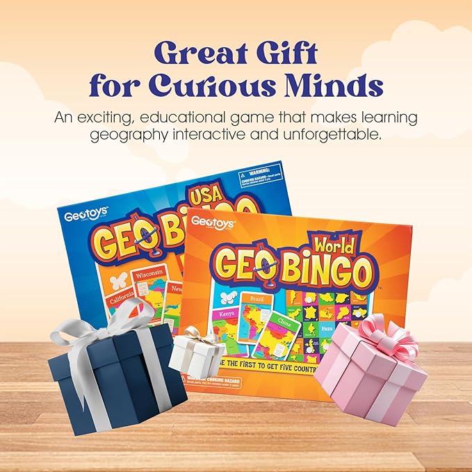 GeoToys GeoBingo Set, World & USA Bingo for Kids Ages 4 and Up, Geography Game for Home & School, Bingo Games for Family, Play and Learn USA States and Capitals and World Countries