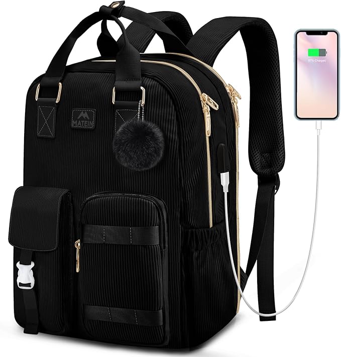 MATEIN Cute Laptop Backpack for Women, 15.6 Inch Corduroy Computer College Backpack with USB Charging Port, TSA Lightweight Aesthetic Back Pack Travel Laptop Daypack for Work Nurse Teacher Gift, Black