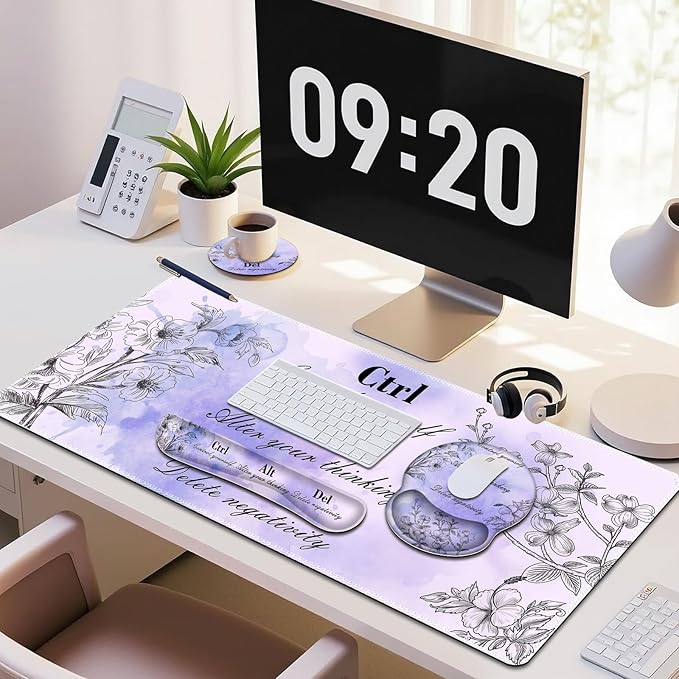 Mouse Pad, 4 in1 Large Desk Mat, Desk Pad Matt for Desktop, Anti-Slip XXL Big Computer Ergonomic Mousepad with Wrist Support for Keyboard and Mouse for Women I Purple Positive Quotes