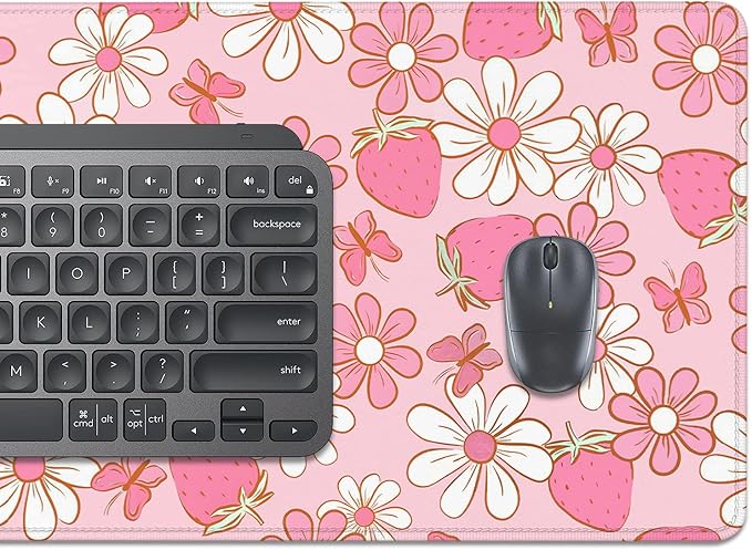 Pink Strawberries Flowers Desk Pad Mouse Pad,Large Butterfly Floral Mouse Mat with Stitched Edges,Non-Slip Rubber Base Mousepad for Office PC Keyboard Laptop and Home Work Desk Mat(31.5X11.8 in)