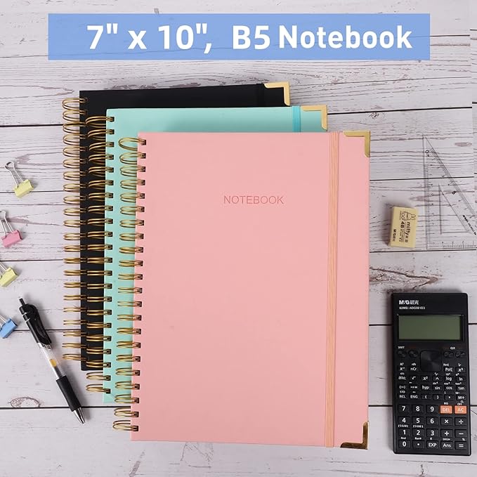 Spiral Notebook, College Ruled Notebook Journal, 7” x 10”, 300 Pages Leather Writing Journal for Women Men, B5 Hardcover Notebook for Work School, 24pcs Index Tabs, Light Blue