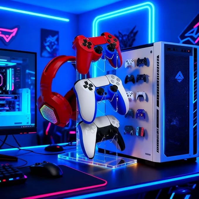 Controller Stand 3 Tiers, Universal Controller Holder Headphone Stand, Headset Holder, Acrylic Controller Display Stand Compatible with Xbox, PS5, PS4, Nintendo Switch - Ideal Desk Mount for Gamers