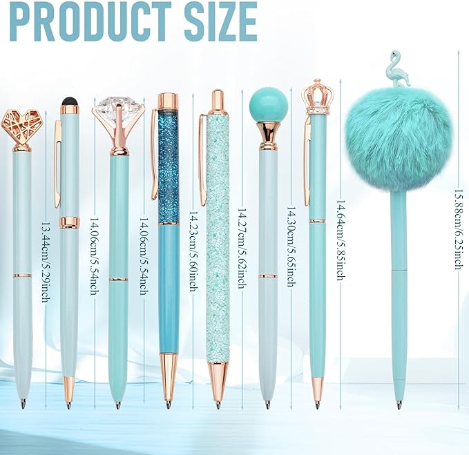WEMATE 8Pcs Ballpoint Pens Set Metal Crystal Diamond Pen Glitter Pen for Journaling Blue Bling in Black & Blue Ink Pretty Cute Pens Fancy Pens Gifts for Women Wedding School Office Desk(Blue)