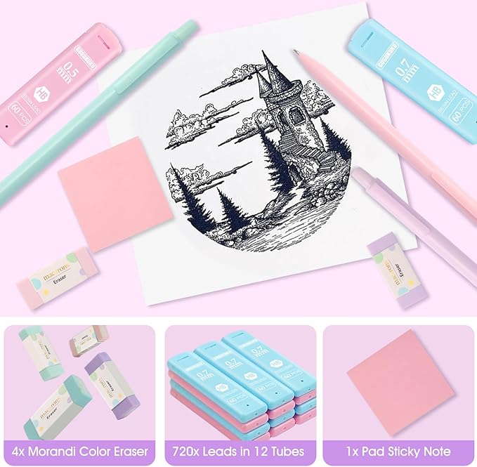 Aesthetic School Supplies with Cute Pencil Case, 12x Pastel Mechanical Pencils 0.5 & 0.7mm with 720x HB Leads, 4x Erasers and 1x Sticky Note, Suitable for Writing, Drafting Drawing Sketching(pink)