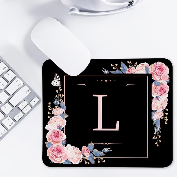 Letter L Black and Pink Flowers Square Mouse Pad, Mouse Pad with Stitched Edge and Non-Slip Rubber Base,Mouse Mat,Home Office Decor Desk Accessories,9.4x7.8x0.12 inch Square Mouse Pad