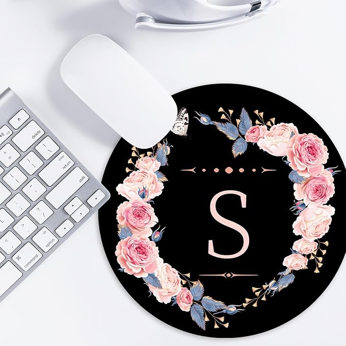 Letter S Black and Pink Flowers Round Mouse Pad, Funny Small Mouse Mat with Non-Slip Rubber Base, Home Office Decor Desk Accessory, 8.7inch Round
