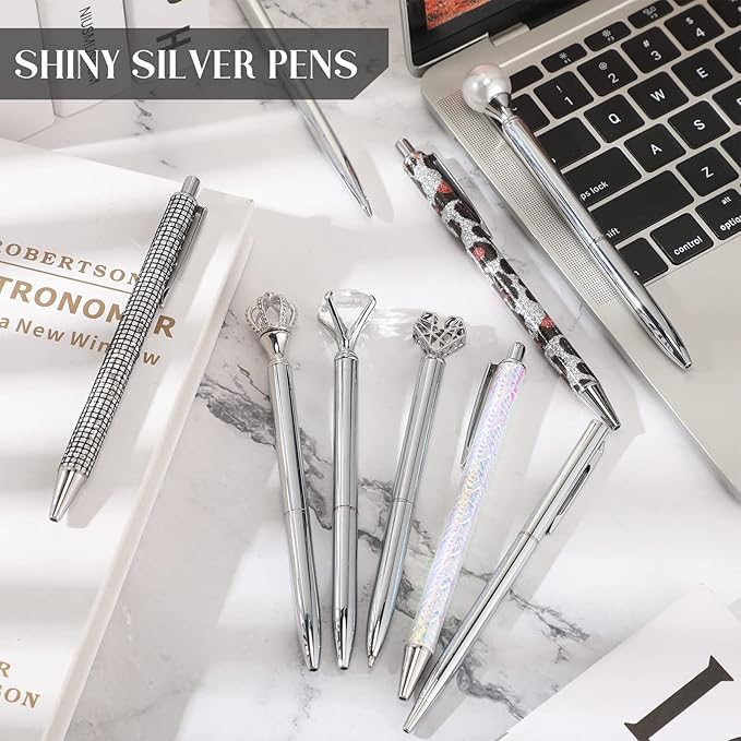 Janmini 9 Pcs Ballpoint Pens Set Metal Crystal Diamond Glitter Pens for Journaling Black Ink Pretty Cute Things Fancy Stationery Gifts for Women Girls Birthday Home Office Desk(Silver)