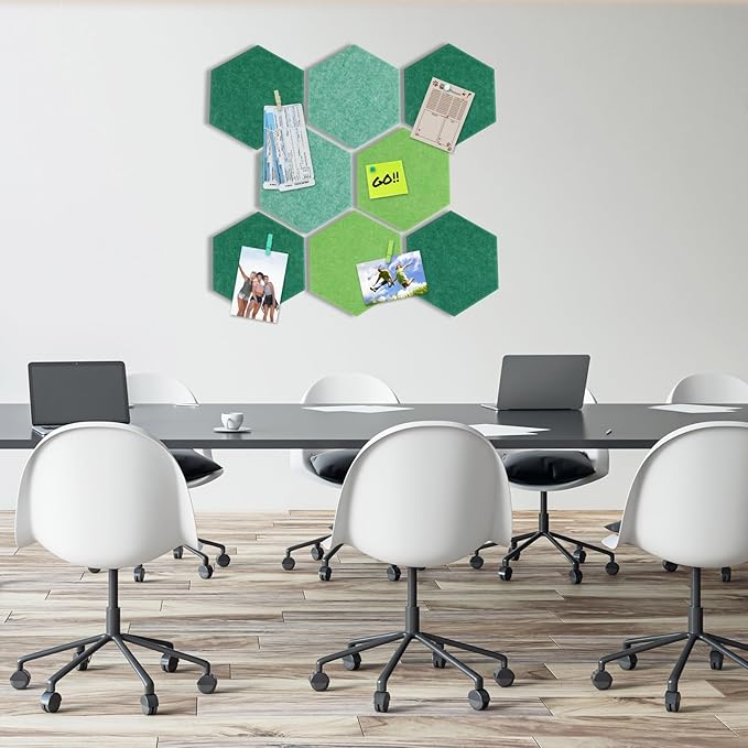 8 Pcs 12" Large Hexagon Felt Cork Board Tiles Self Adhesive DIY Bulletin Board Pin for Office Home Wall Decor Stickers Memos Photos Display with 10 Multi-Color Clip Drawing Pins(Green)