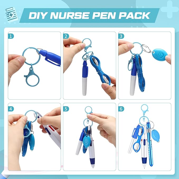 6 Pcs Nurse Pen Set Include Permanent Marker Pen Retractable Ballpoint Pen Keychain Clip Foldable Scissors Lights LED Flashlight Keychain for Nurse Accessories(Blue)