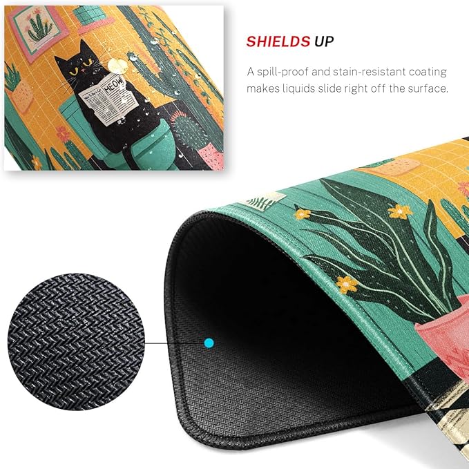 Cute Black Cat Desk Pad Mat with Stitched Edges and Non-Slip Rubber Base, Premium-Textured Mouse Pad for Laptop, Computer & PC, Gaming & Working, Waterproof Mousepad