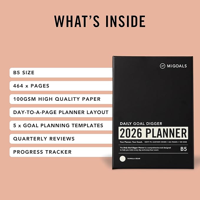 MI GOALS Goal Digger Daily Planner 2026 | Dated Journal for Gratitude, Progress & Habit Tracking | Day-To-A-Page B5 (Vanilla Bean)