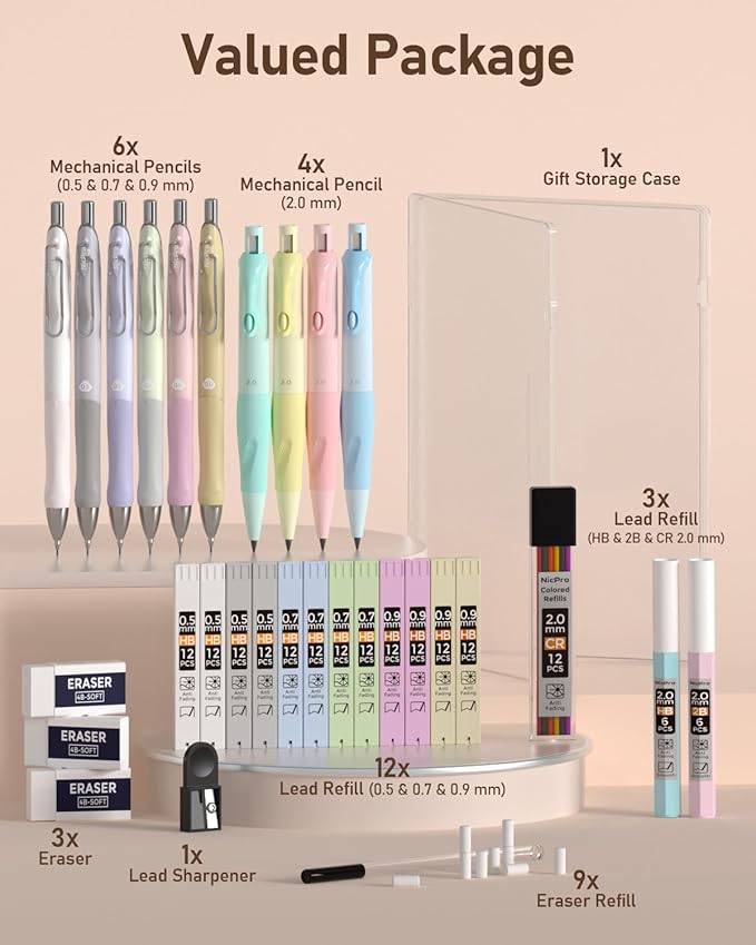 Nicpro 31PCS Pastel Mechanical Pencil Set in Case, Cute Mechanical Pencils 0.5, 0.7, 0.9 mm & 2.0 mm with 15 Tube (HB 2B Colors)Lead Refills, 3 Erasers, Aesthetic School Supplies for Writing Sketching