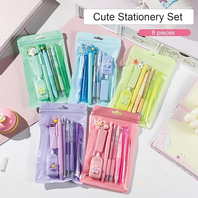 8 Pcs Cute Pink Stationery Set for Girls Boys Kids Women Back to School Supplies Office Supplies Kawaii Candy Colors Stationery Gift (Pink)