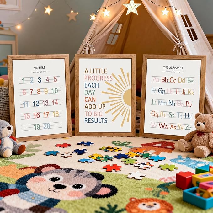 3 PCS Alphabet Numbers Framed Playroom Wall Decor,Classroom Must Haves,A Little Progress Each Day Boho Educational ABC Poster Wooden Sign for Baby Girl Kid Boy Toddlers,Neutral Preschool English Letters Nursery Decor for Homeschool Kindergarten Kids Le...