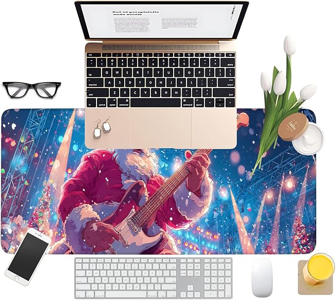 Santa Claus Guitar Extended Mouse Pad XL 31.5"x11.8" – Festive Christmas Desk Mat – Non-Slip Rubber Base, Stitched Edges