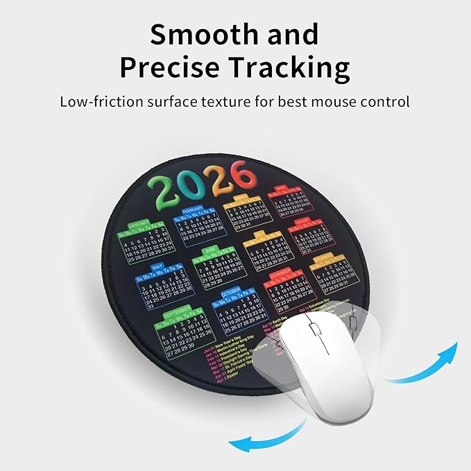 Mouse Pad with Stitched Edge, Black Mousepad, 2026 Calendar Pad, Computer Mouse Mat with Non-Slip Rubber Base (Round)