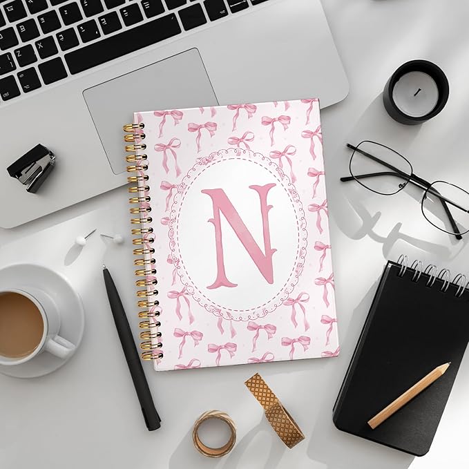 LIANGW Pink Bow Journal Notebook for Teen Girls,Initial N Journals Personalized Diary Gifts for Teen Girl Kids, Monogrammed Gifts for Women, Coquette Cute Hardcover Spiral Notebook 5.5 x 8.3