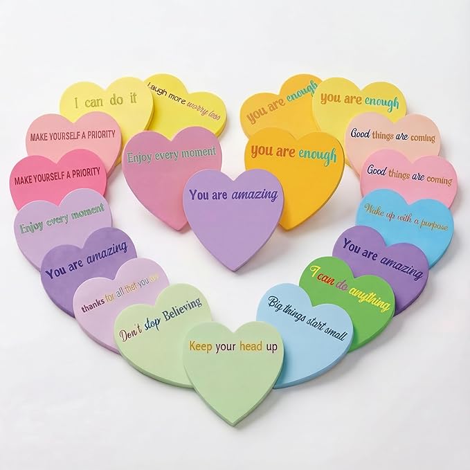 Teling 24 Pack Valentine's Day Sticky Notes Heart Shape Sticky Notes 3 x 3 Inch Motivational Notepads Bulk Cute Memo Pads for Galentines Party Gifts School Office Supplies (Bright)