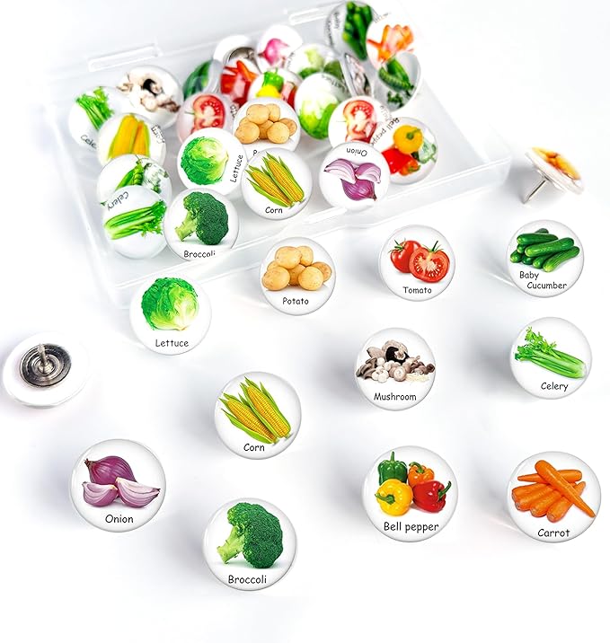 Push Pins for Cork Board -24pcs Decorative Push Pins with Case,Cute Thumb Tacks and Pushpins for Bulletin Board, 12 Colors Vegetables Pushpins