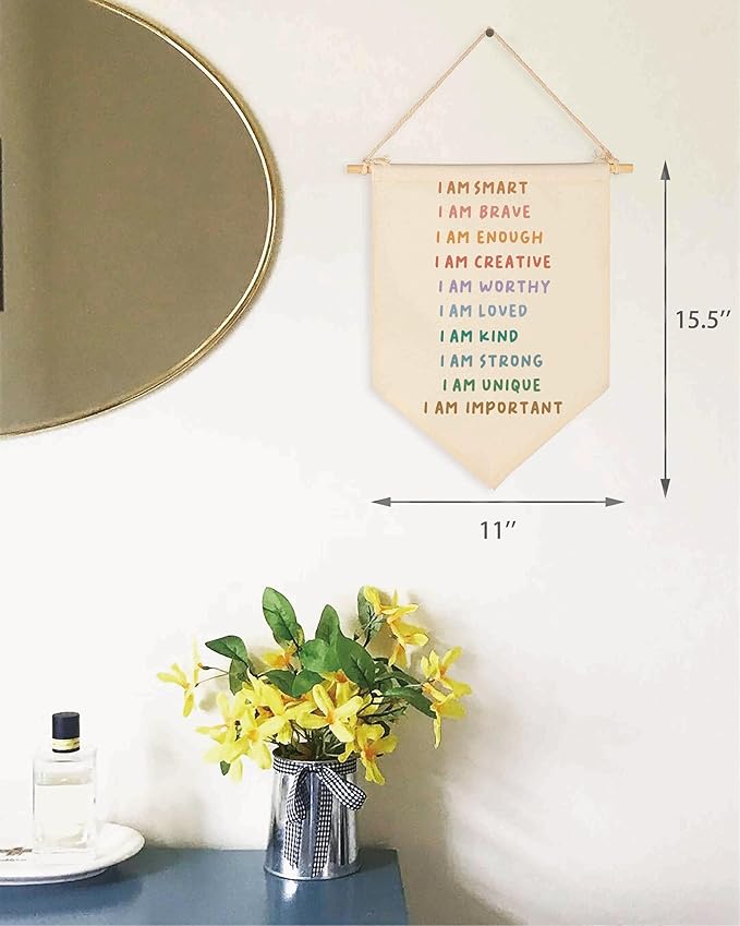 I AM Positive Affirmations Canvas Banner- Motivational Wall Art for Elementary & Kindergarten Classroom, Counselor Office Decor, Calming Corner Decor-Teacher Gift-Pennant Hanging Flag 15.5''×11''