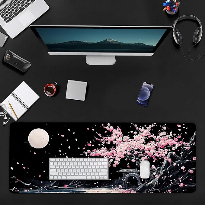 Black Japanese Cherry Blossom Large Mouse Pad, Desk Mat Computer Keyboard Pad Non-Slip Rubber Base Waterproof with Stitched Edges for Laptop Gaming, Office & Home 31.5 x 11.8 Inch (XL-21)