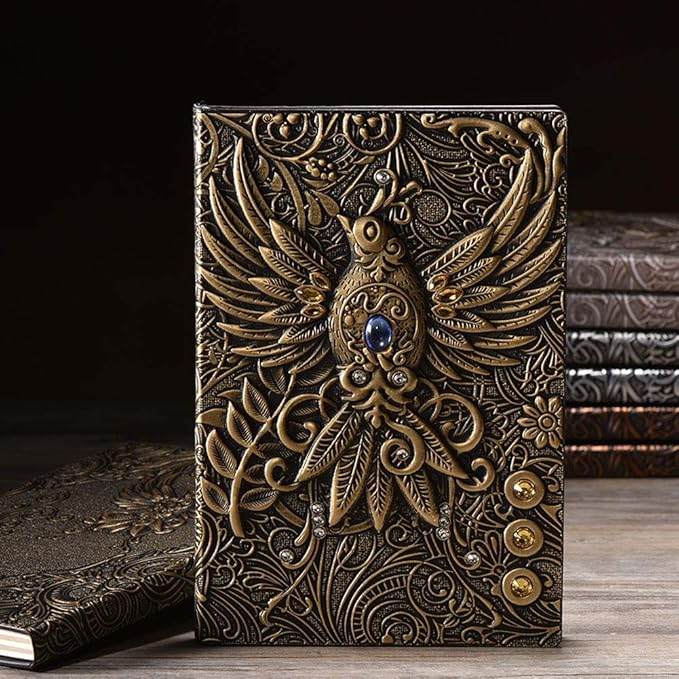Embossed Leather Journal Writing Notebook - Antique Handmade Leather Daily Notepad Sketchbook, Travel Diary & Notebooks to Write in, Phoenix Gift For Men & Women, with Golden Classic Pen, (Bronze)