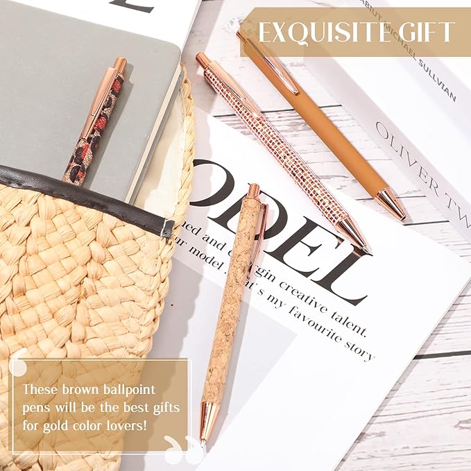 Janmini 9 Pcs Ballpoint Pens Set Metal Crystal Diamond Glitter Pens for Journaling Black Ink Pretty Cute Things Fancy Stationery Gifts for Women Girls Birthday Home Office Desk(Brown)