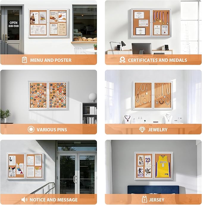 SWANCROWN Weather Resistant Enclosed Bulletin Board Cork Displays Boards Wall Mounted Notice Case with 2 Locking Door,43x31 inches