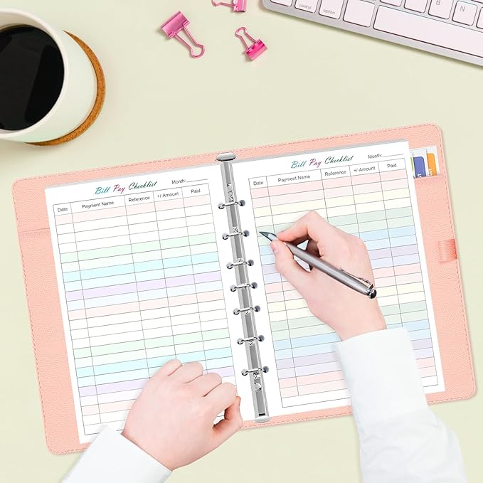 Payment Checklist Refills Paper for Mini 3 or 7 Ring Binders - 50 Sheets/100 Pages Colorful Monthly Budget Forms, 7 Hole Punched/Desk Size 4, 100 gsm White Paper, 5.8" x 8.3"