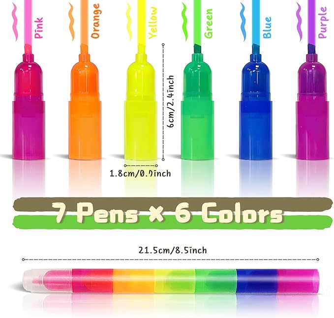 NLR FUN Stackable Rainbow Highlighters for Kids, 6 Colors x 7 Pieces Fluorescent Markers, Portable Coloring Pens for School, Art & Party Favors