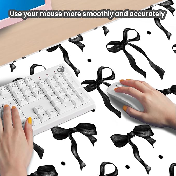 Black Bow Mouse Pad Large, Desk Mat Black and White Desk Computer Mat, Non-Slip Rubber Base Gaming Mousepad Keyboard Mat Laptop Pad, Desktop Mat Bows Office Accessories Desk Decor 23.6 x 11.8in