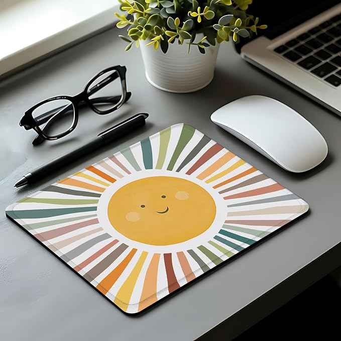 Boho Colorful Rainbow Sun Mouse Pad,Cute Rainbow Sunshine Mouse Pads Mousepad for Desk Home Office Dorm Computers Laptop, Boho Sun Office Supplies Desk Accessories, 9.5x7.9 Inch