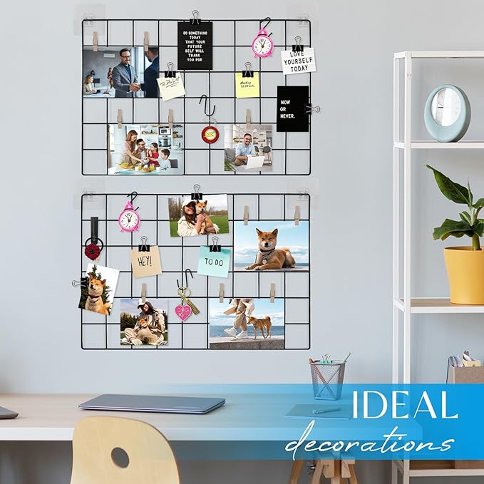 Metal Grid Wall Panel Black, Wire Photo Display Organizer, 17.3"×11.8" Board, Picture Frame, 2-Pack Mesh Memo Board with Clips and Hooks