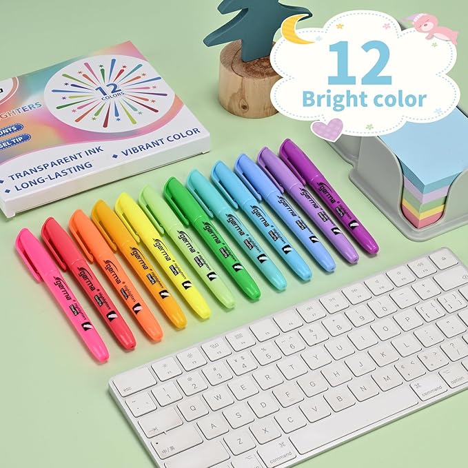 Highlighters Assorted Colors Set, 12 Pack, Chisel Tip Bright Colors, Dry Quickly Colored Highlighters for Journaling, Study Notes, School Office Supplies