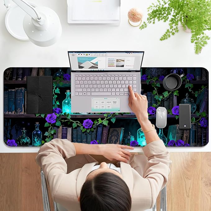 Dreamy Blue Rose and Magic Book XL Large Desk Mat, Extended Long Desk Pad for Gaming and Office, Non-Slip Rubber Base, Comfortable Surface Mouse Pad, 31.5x11.8 in (H18)